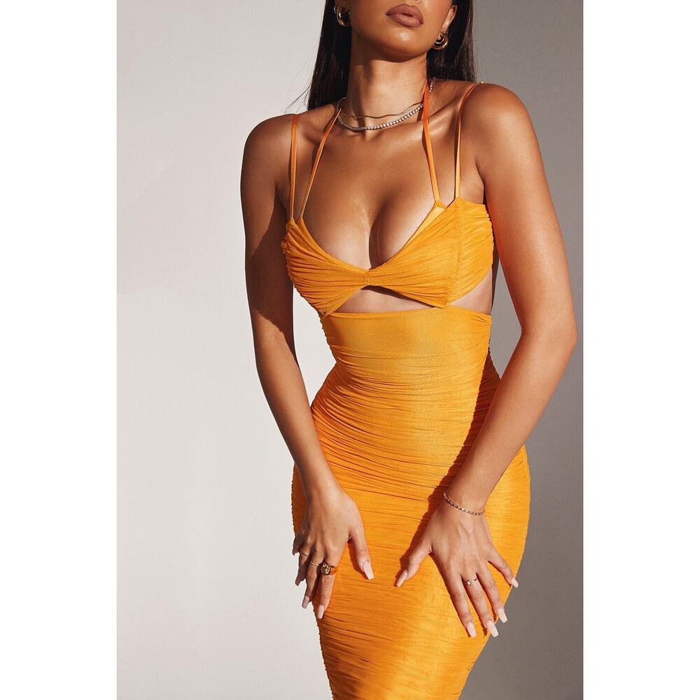 House of CB Tibi Cutout Ruched Bodycon Mesh Midi Dress Tangerine XS